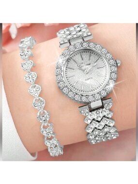 Elegant Silver Women's Watch and Bracelet Set